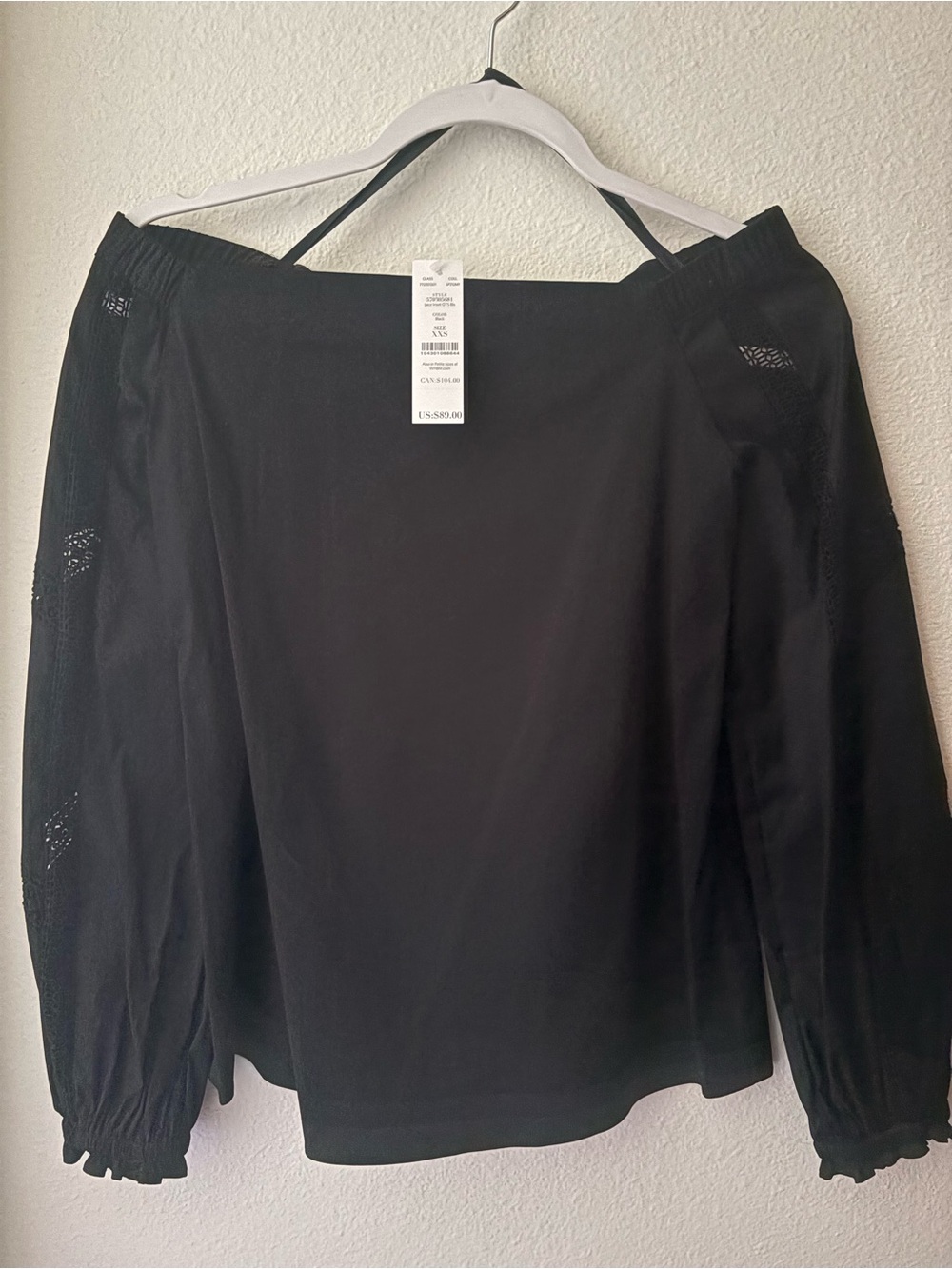 White House Black Market Black Off-Shoulder Blouse with Lace Sleeves